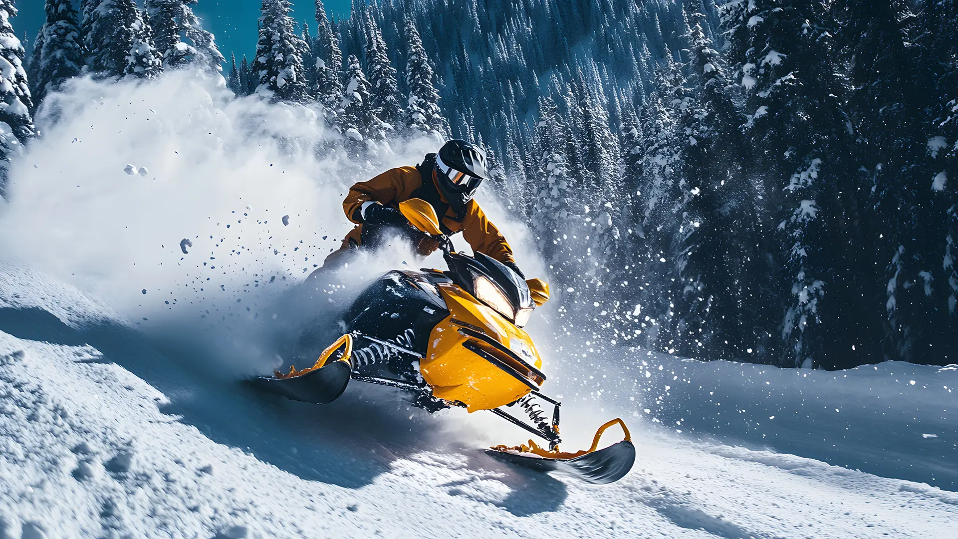 Snowmobiler in orange gear carving through deep powder on a bright winter day surrounded by pine trees near Midway, Utah.