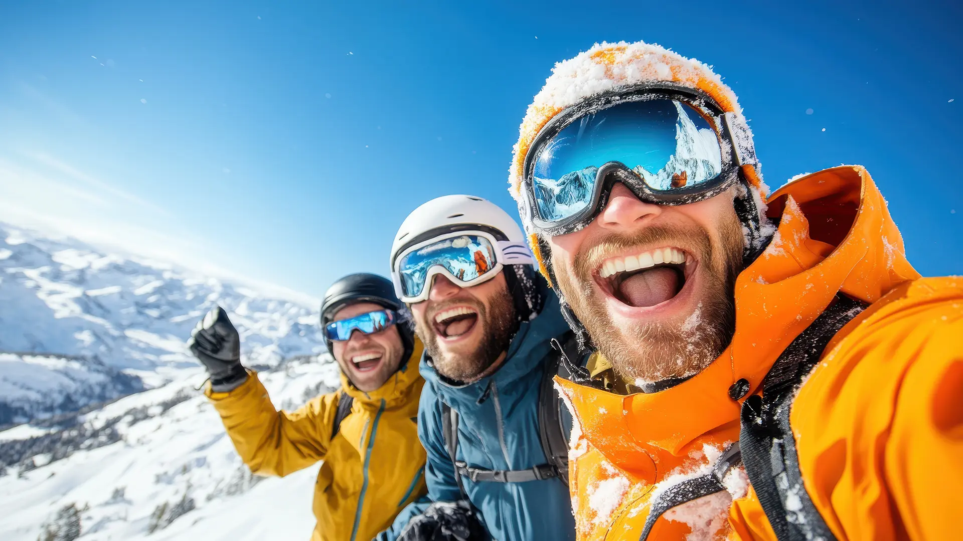 Three friends in colorful winter gear taking a cheerful selfie on a snowy mountaintop, enjoying skiing or snowboarding near Midway, Utah.