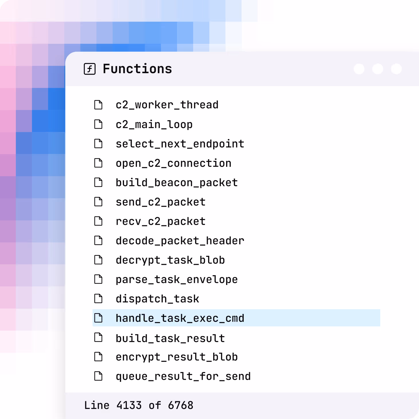 Code editor window showing a list of function names including c2_worker_thread, open_c2_connection, dispatch_task, and handle_task_exec_cmd, with handle_task_exec_cmd highlighted.