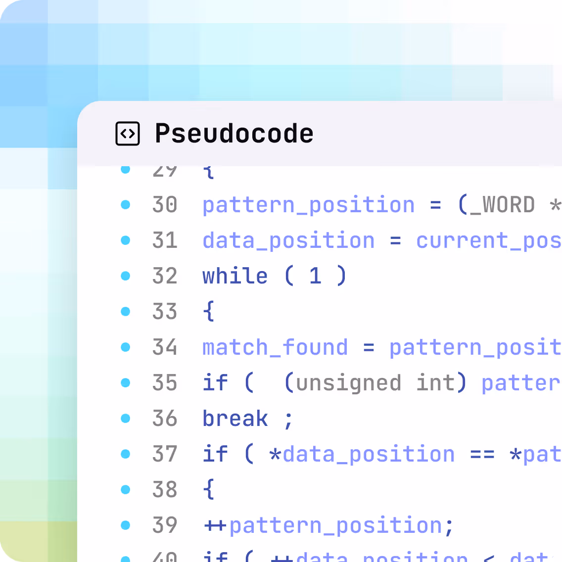 Partial screenshot of pseudocode showing a while loop with pattern_position and data_position variables and conditional statements.