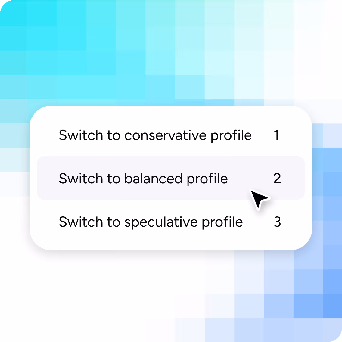 Popup menu with options to switch to conservative profile (1), balanced profile (2) highlighted with cursor, and speculative profile (3).