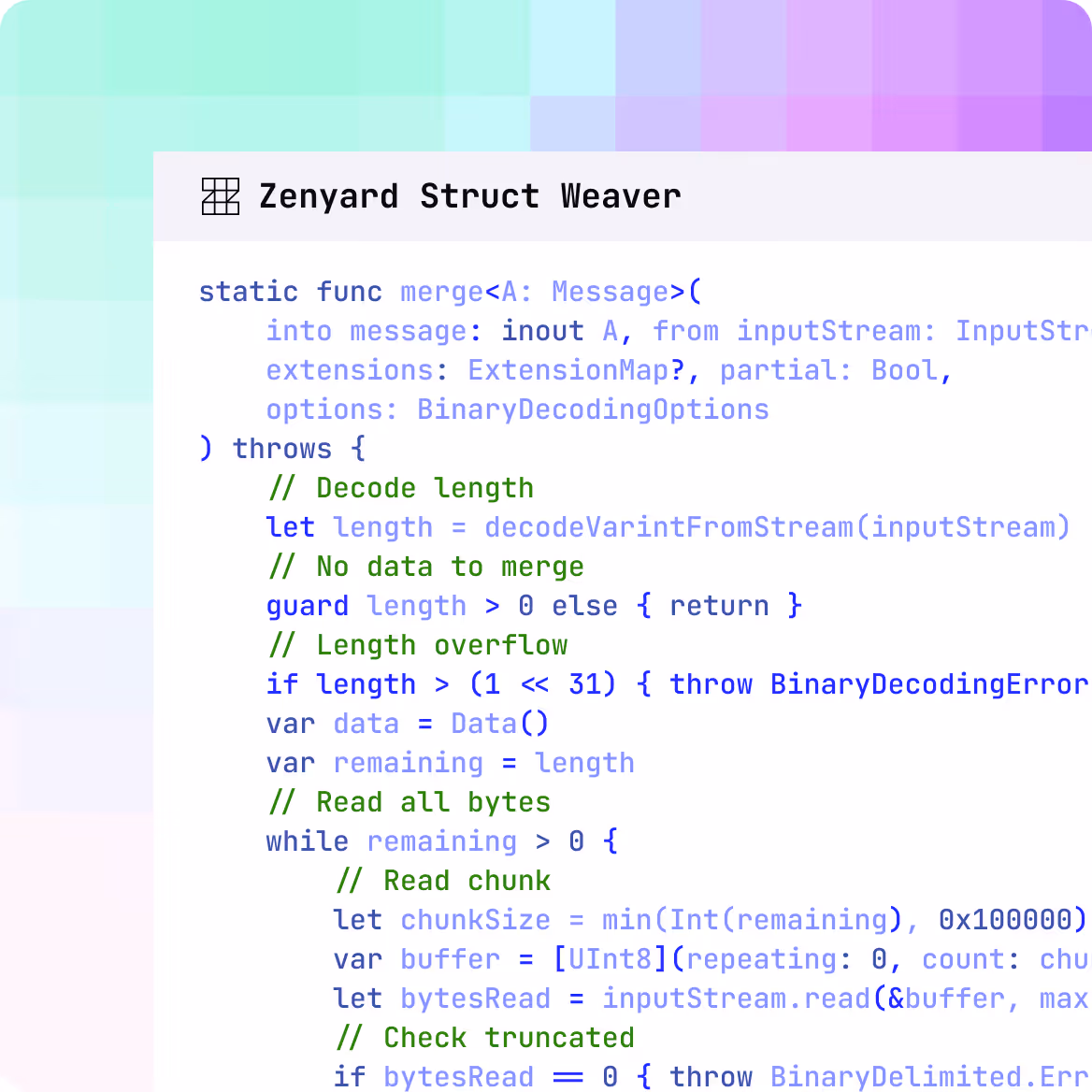 Code snippet of a Swift static function merge for decoding binary data and handling length overflow and chunk reading.