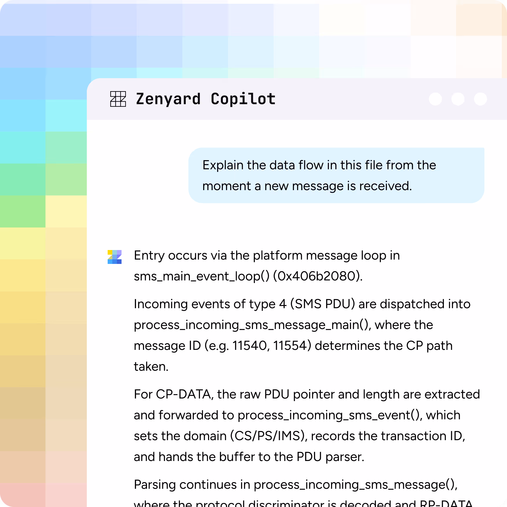 Zenyard Copilot interface showing a user query asking to explain data flow from new message receipt, with a detailed explanation about SMS message processing in platform event loops.