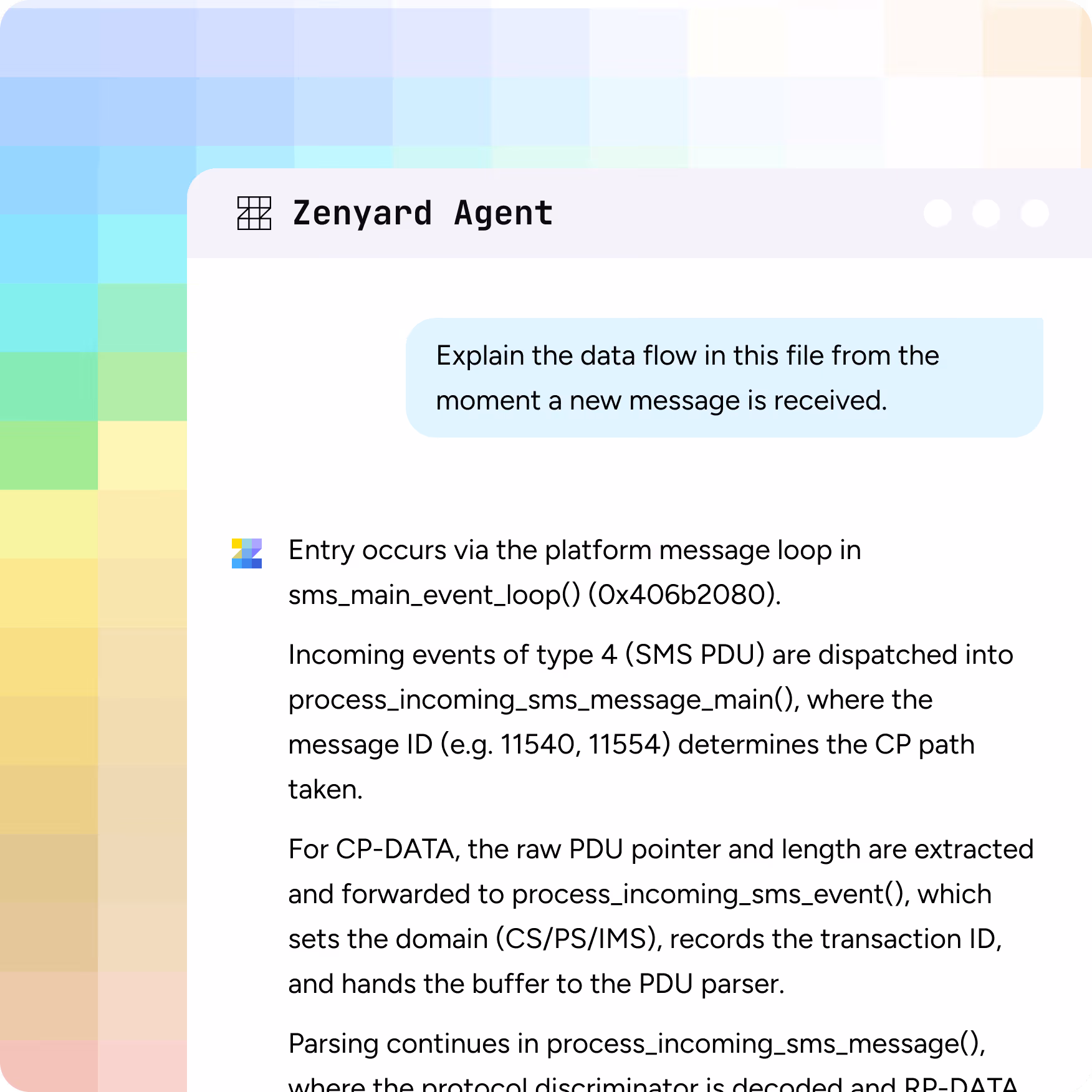 Screenshot of a chat interface labeled Zenyard Agent showing a message explaining the data flow of SMS message handling in a software system including event loops, message dispatch, and parsing details.