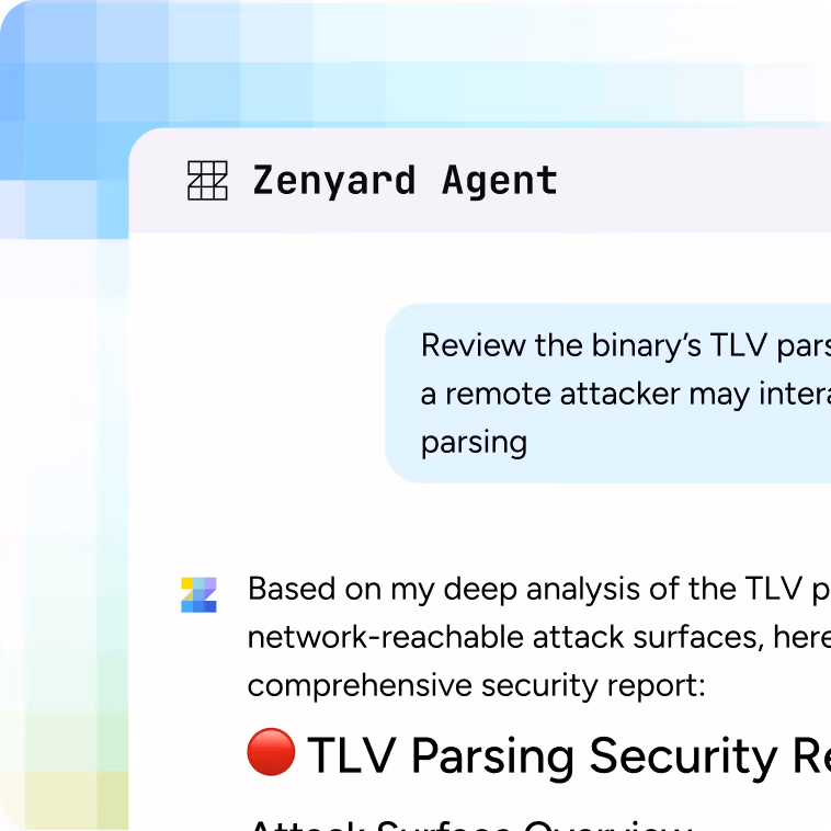 Screenshot of Zenyard Agent interface reviewing TLV parsing security with a red dot highlighting TLV Parsing Security Report.