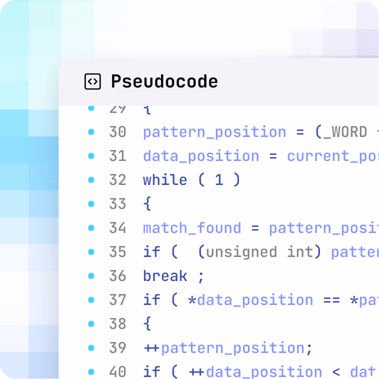 Screenshot of pseudocode with syntax-highlighted lines of code including variable assignments, a while loop, if conditions, and increment operations.