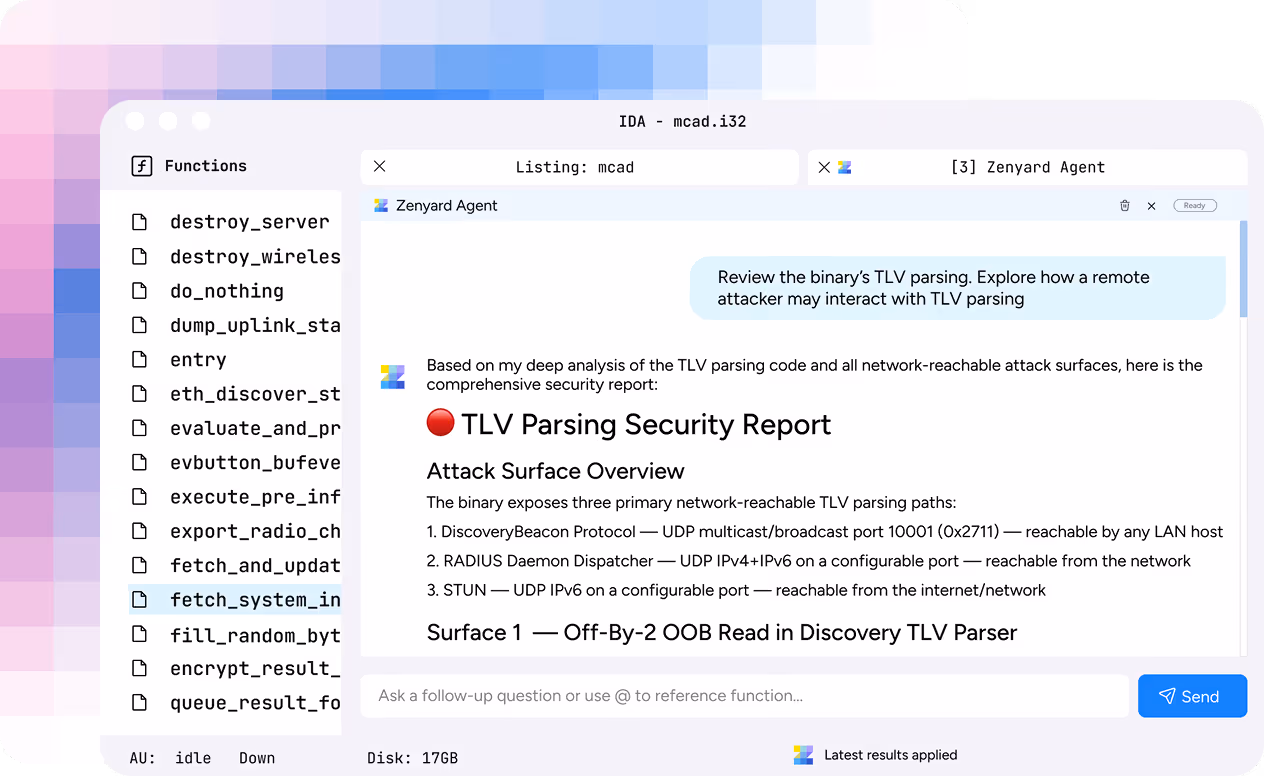 Interface of Zenyard Agent reviewing a TLV Parsing Security Report detailing network-reachable attack surfaces and vulnerabilities.