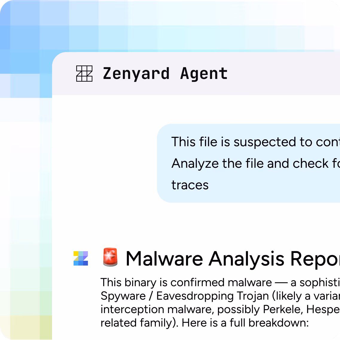 Zenyard Agent interface showing a malware analysis report stating that the binary is confirmed malware, specifically a spyware/eavesdropping Trojan.