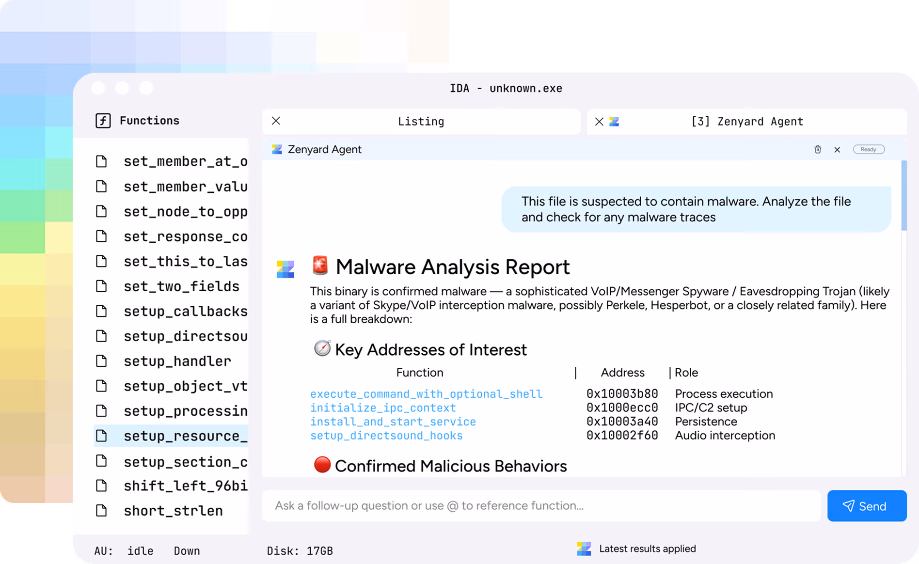 Computer screen showing a malware analysis report from Zenyard Agent for a suspicious file named unknown.exe, detailing key addresses and confirmed malicious behaviors.