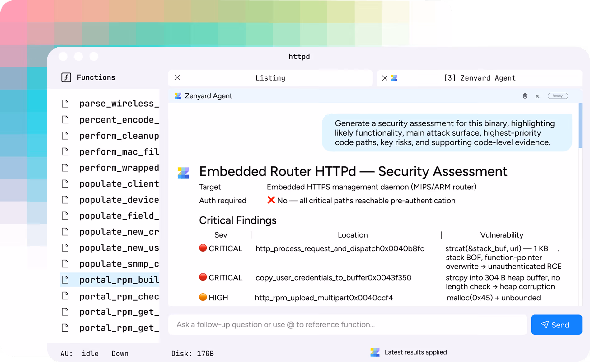 Software interface showing a security assessment for Embedded Router HTTPd with a list of critical vulnerabilities and their severity, locations, and descriptions.
