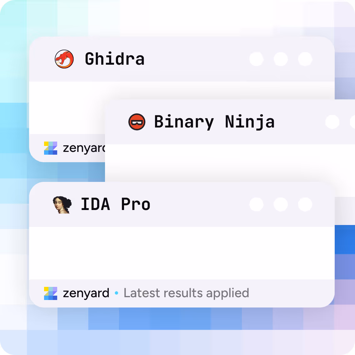 Three software windows labeled Ghidra, Binary Ninja, and IDA Pro with corresponding logos and zenyard branding at the bottom indicating integration or latest results applied.