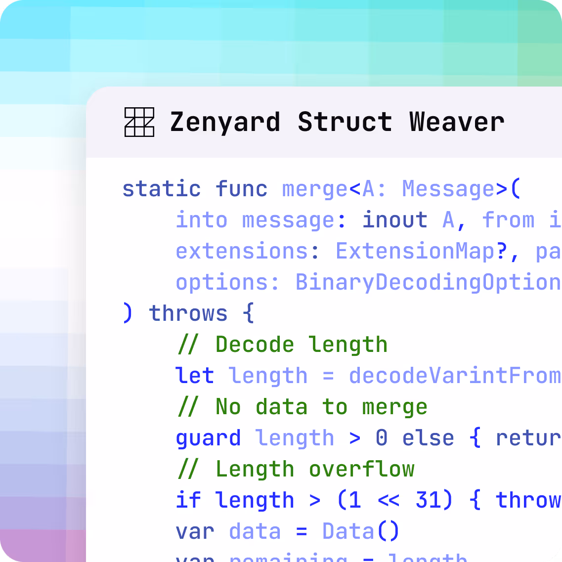 Partial Swift code snippet defining a static function 'merge' in the Zenyard Struct Weaver class with comments about decoding length and data merging.