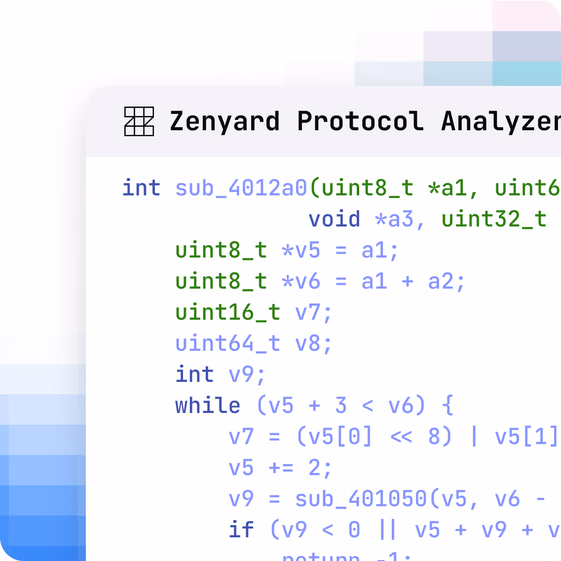 Partial screenshot of Zenyard Protocol Analyzer displaying C programming code with function declaration and pointer arithmetic.