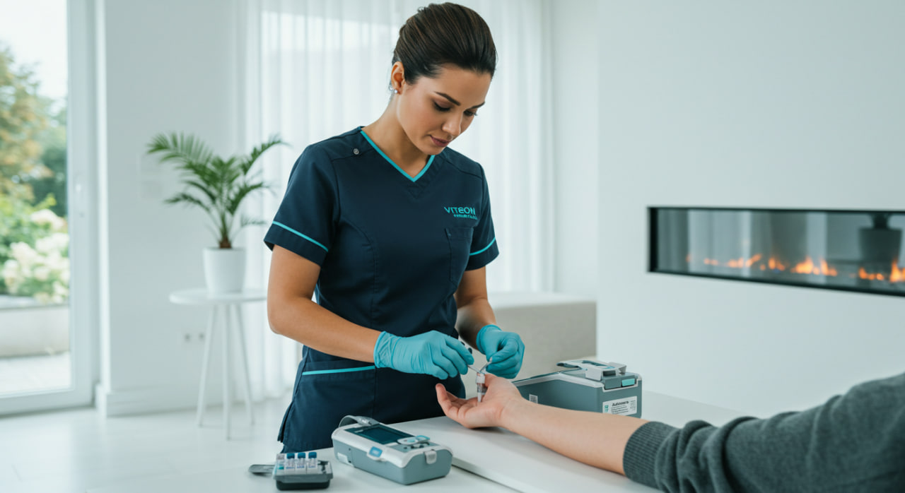 A nurse performs a finger-prick blood test on a patient in a modern, well-lit clinic.