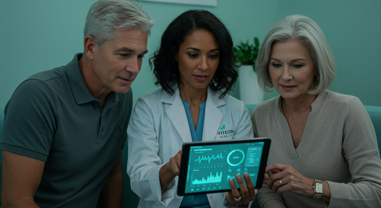 Doctor shows health data on a tablet to an older couple in a clinic.