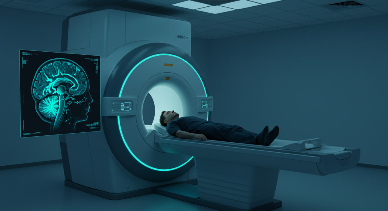 A person lying inside an MRI machine with a brain scan displayed on a screen in a modern, dimly lit room.