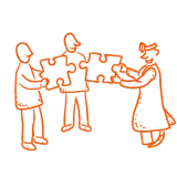 Three people holding a large flat object together, with orange outlines highlighting each figure.