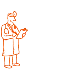Orange line drawing of a female doctor holding a clipboard and wearing a stethoscope around her neck.