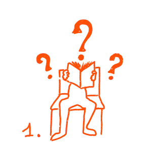 Orange line drawing of a person sitting with a map and three question marks above and around the head.