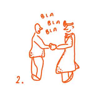 Orange line drawing of two people shaking hands with speech bubbles saying 'BLA BLA BLA'.