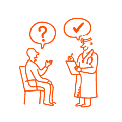 Orange line drawing of a seated person and a standing medical professional with a clipboard, with question and checkmark speech bubbles.