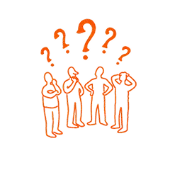 Orange silhouette figures standing with multiple question marks above their heads.