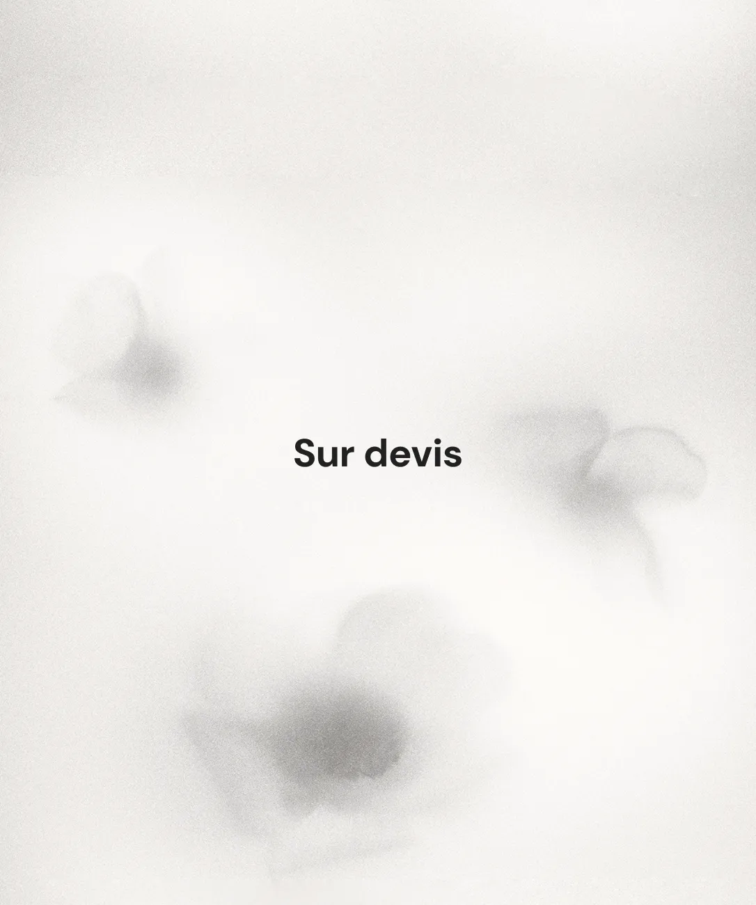 Soft-focus white background with faint shadows of flowers and text 'Sur devis' in the center.