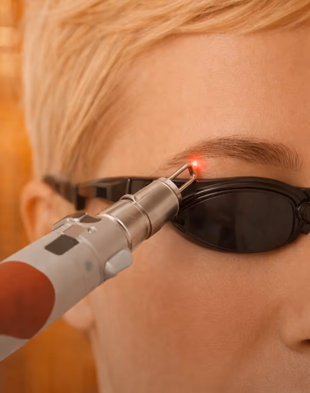 Close-up of a person wearing protective black glasses receiving laser treatment on their eyebrow.