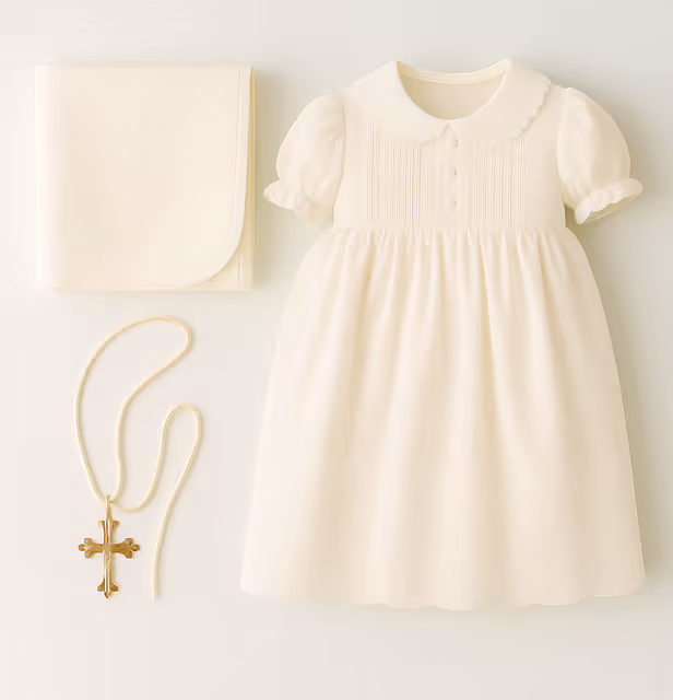 Cream-colored baby dress with puffed short sleeves, folded matching blanket, and gold cross necklace on a cord arranged on a light background.