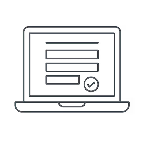 Line drawing of a laptop displaying a form with text fields and a checkmark icon.