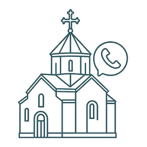 Line drawing of a church with a phone icon in a speech bubble to the right.