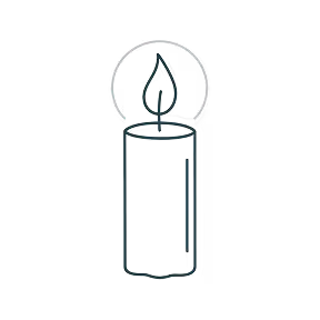 Line drawing of a lit candle with a glowing flame inside a circular outline.