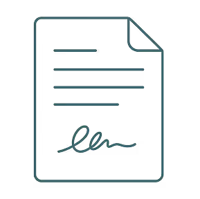 Outline of a document with lines representing text and a signature at the bottom.