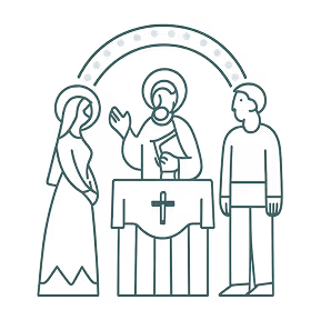 Line drawing of a wedding ceremony with an officiant holding a book between a bride and groom under a decorative arch.