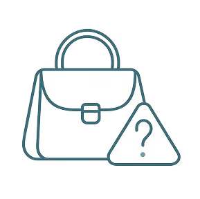 Outline of a handbag with a triangular warning sign featuring a question mark.