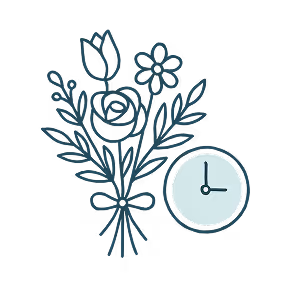Illustration of a bouquet of flowers tied with a ribbon next to a clock showing 3 o'clock.