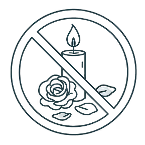 Prohibition symbol over a lit candle and rose with petals.