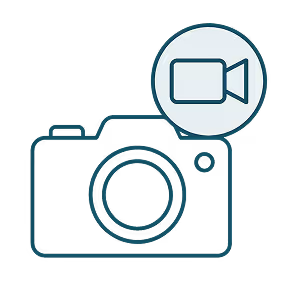 Outline of a camera with a video camera icon in a circle above it, indicating photo and video content.