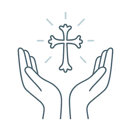 Two hands raised upward holding a glowing ornate Christian cross.