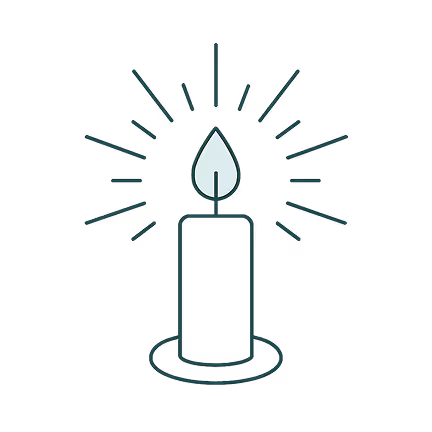 Simple illustration of a lit candle with radiant lines around the flame.