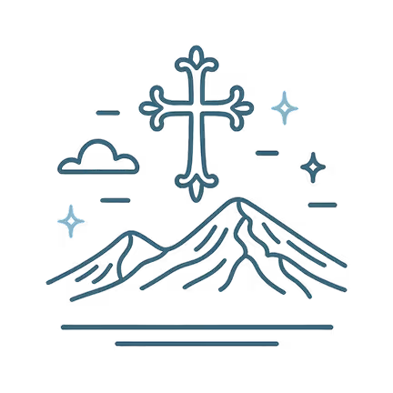 Stylized illustration of a cross above two mountains with clouds and stars around.