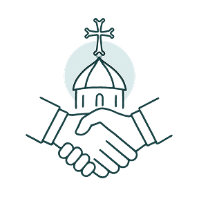 Line drawing of two hands shaking in front of a church dome with a cross on top.