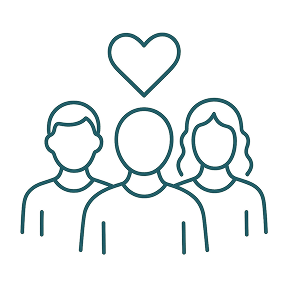 Outline of three people with a heart above the center figure representing community care or support.