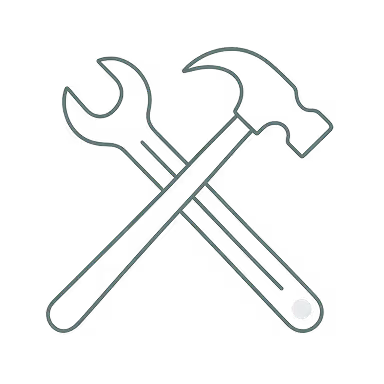 Line drawing of a crossed wrench and hammer symbolizing tools or maintenance.