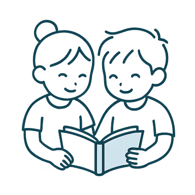 Illustration of a girl and a boy reading a book together and smiling.