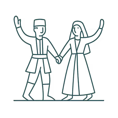 Line art of a man and woman in traditional clothing holding hands and raising arms.