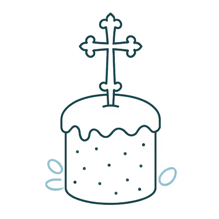 Simple line drawing of a decorated Easter cake topped with a Christian cross.