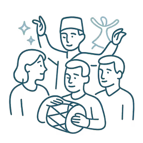Line drawing of four people celebrating with one person playing a drum and others dancing and clapping.