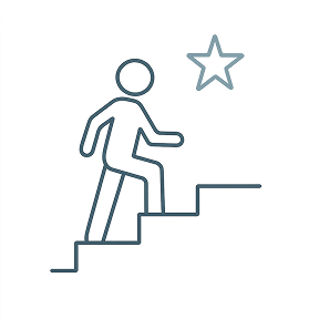 Line drawing of a person climbing stairs towards a star symbolizing personal growth or achievement.