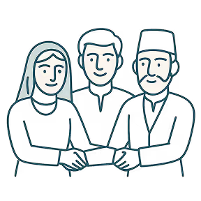 Line drawing of three people standing close together with their hands stacked in a gesture of unity.